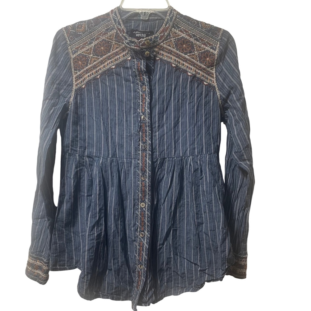 Johnny Was Workshop Navy Pinstripe Embroidered Western Boho Babydoll Blouse XS